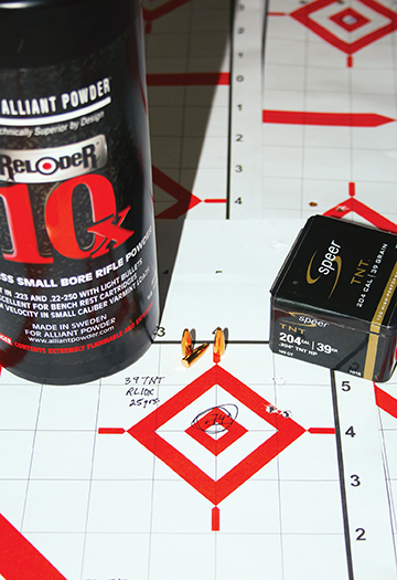 The 39-grain flat-base, hollow-point Speer TNT struggled from Patrick’s rifle, its best effort  .74-inch using 25 grains of Alliant Reloder 10X  and resulting in a muzzle velocity of 3,839 fps. This powder deserves more experimentation.